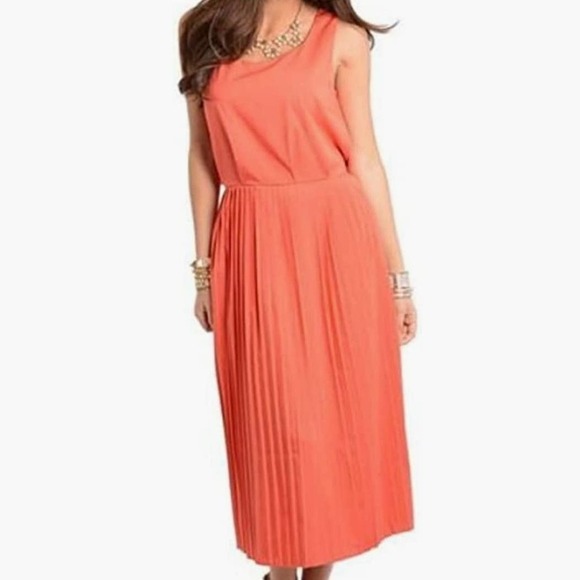 Alythea Coral Pleated Skirt Midi Dress L Sleeveless Cutout Back - Picture 9 of 10